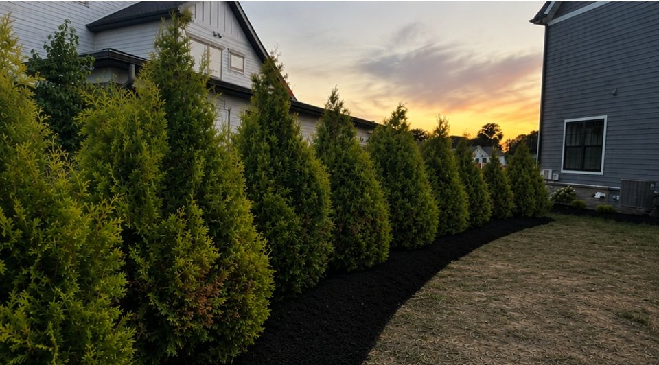 A curved row of Golden Arborvitae on a dark mulch bed between two houses at dusk.