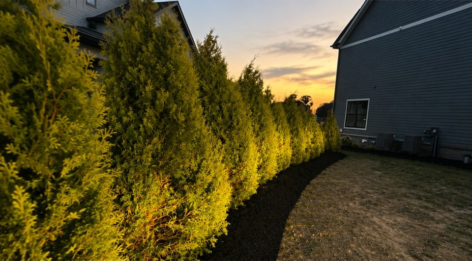 The same Golden Arborvitae row lit from below by landscape lights after sunset.